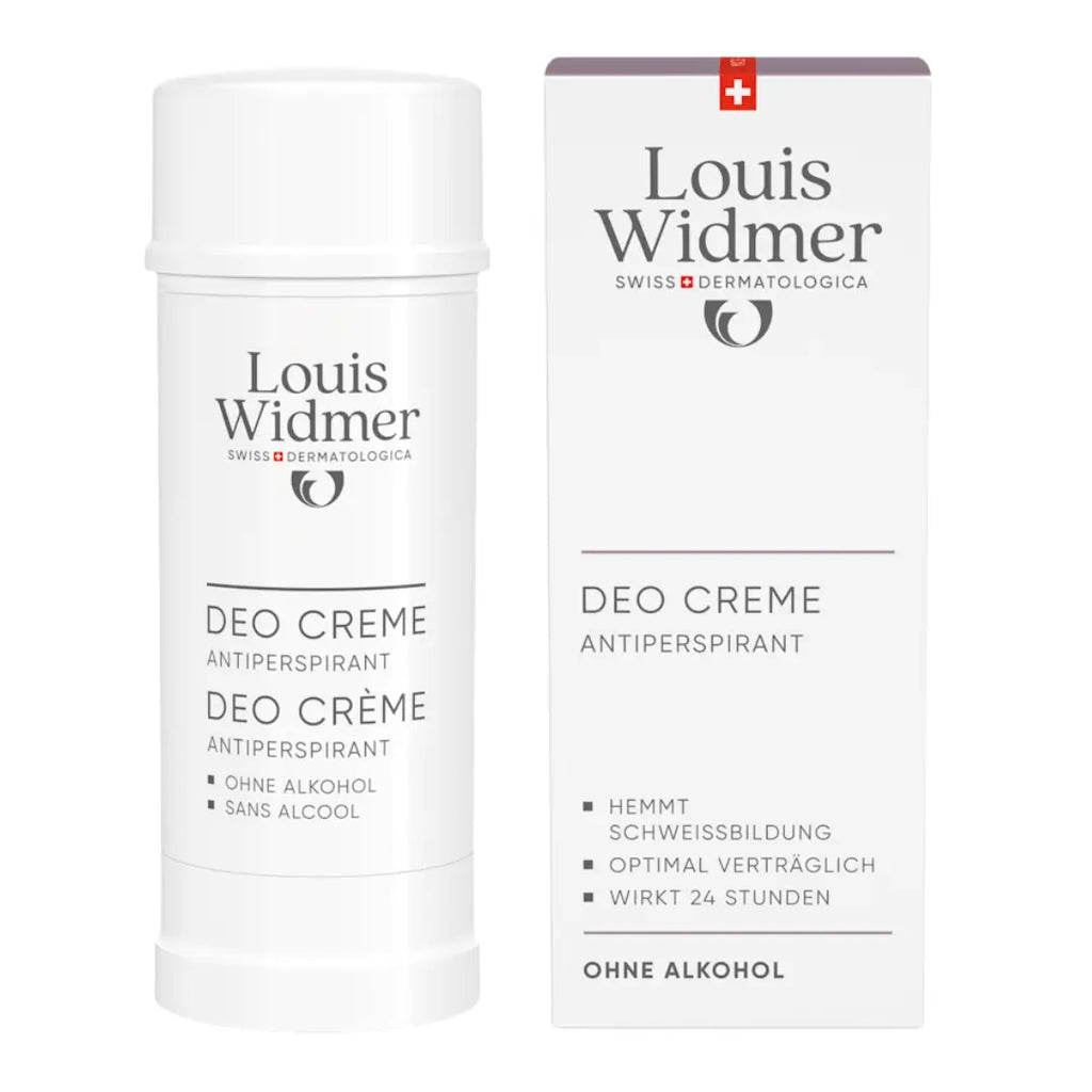 Louis Widmer deo cream bottle next to the carton box packaging on a white background