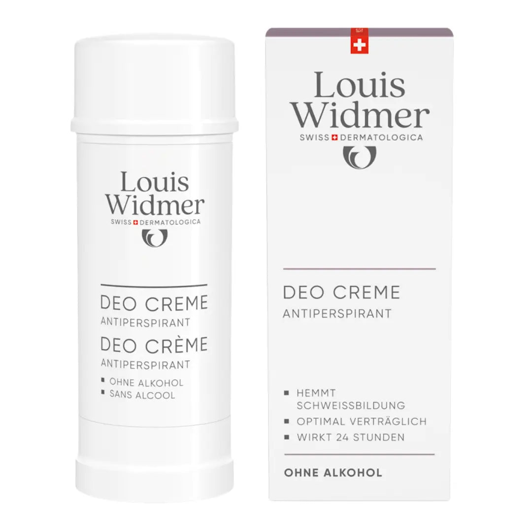 Louis Widmer deo cream bottle next to the carton box packaging on a white background