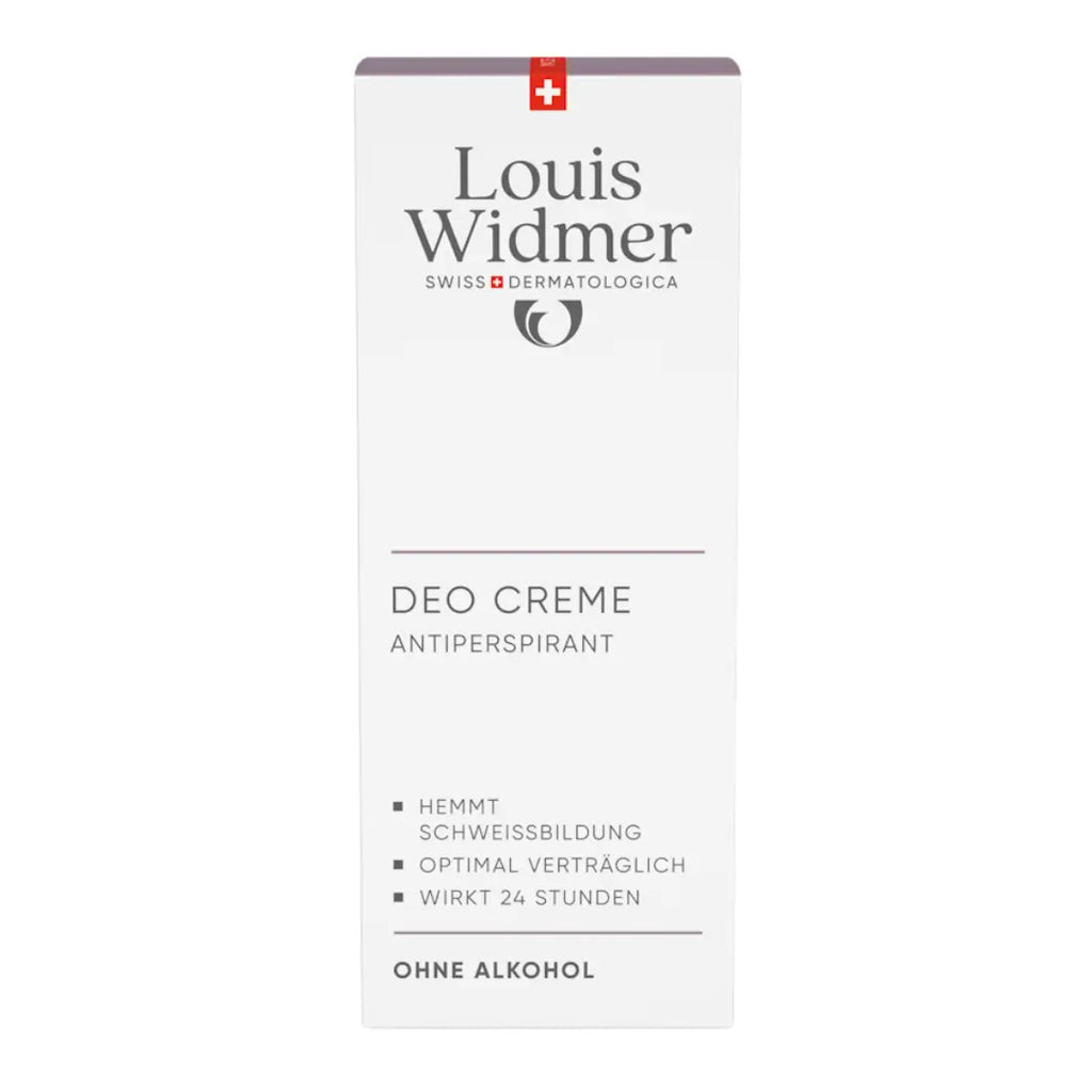 Louis Widmer deodorant cream carton packaging, emphasizing that the product inhibits sweating, has a high skin tolerability and has a 24 hours effect