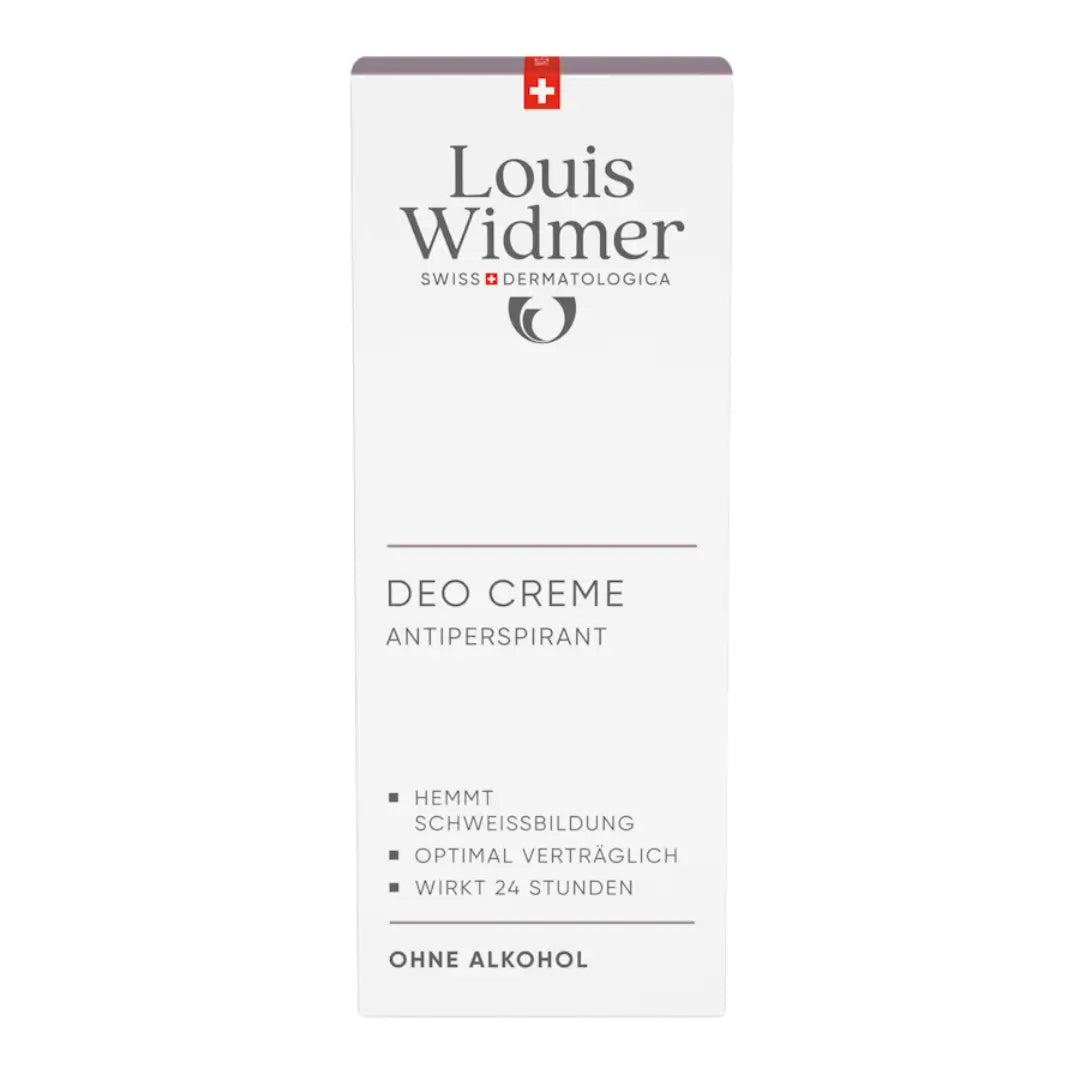 Louis Widmer deodorant cream carton packaging, emphasizing that the product inhibits sweating, has a high skin tolerability and has a 24 hours effect