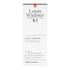 Louis Widmer deodorant cream carton packaging, emphasizing that the product inhibits sweating, has a high skin tolerability and has a 24 hours effect