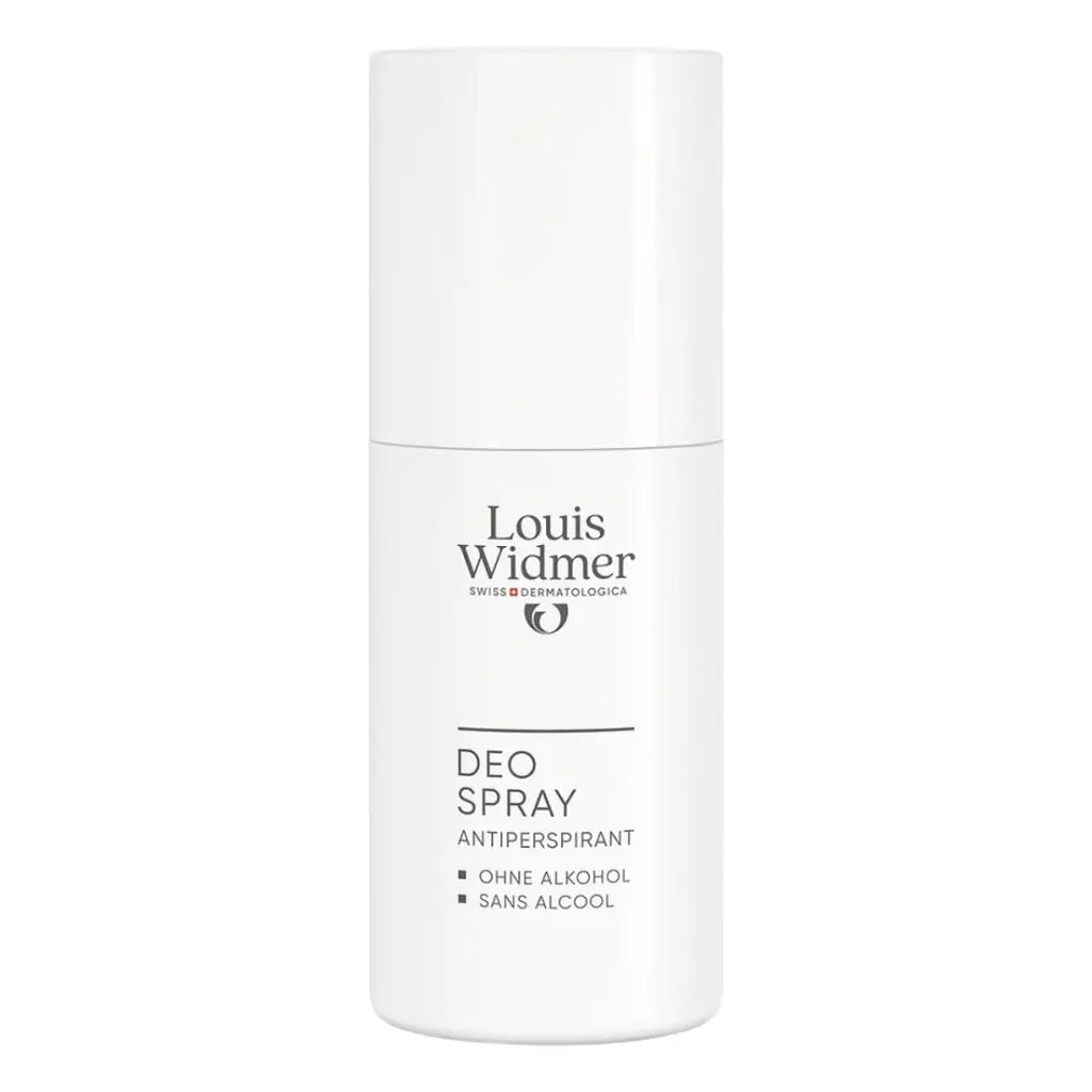 Louis Widmer deodorant spray bottle on a white background