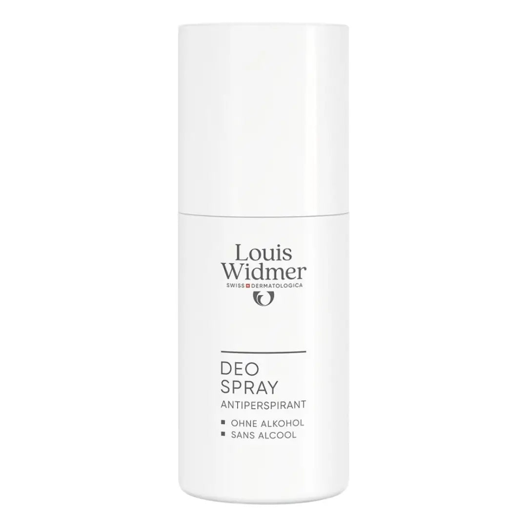 Louis Widmer deodorant spray bottle on a white background