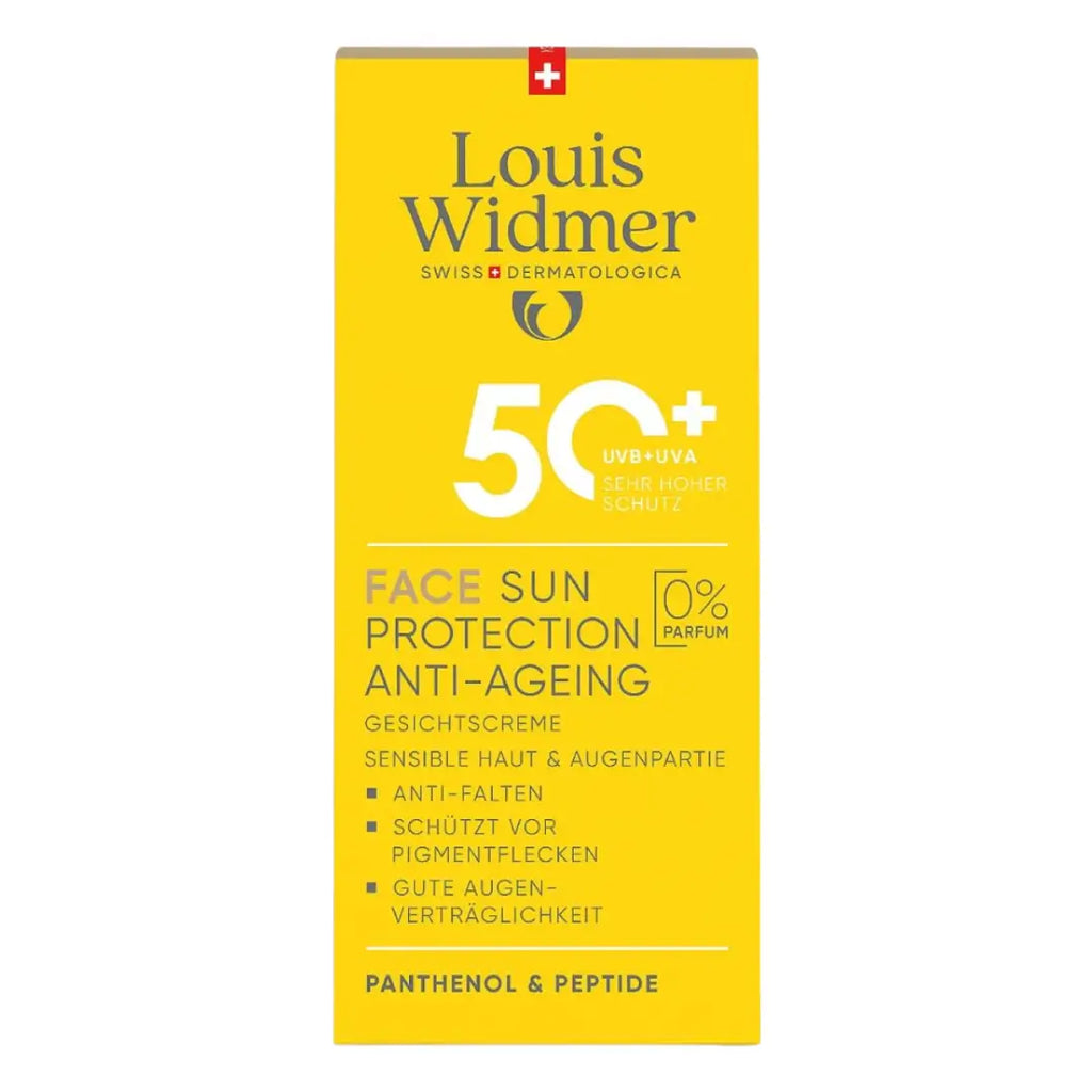 carton box of Louis Widmer Face Sun Protection Anti-Ageing SPF 50+ no parfum 50 ml