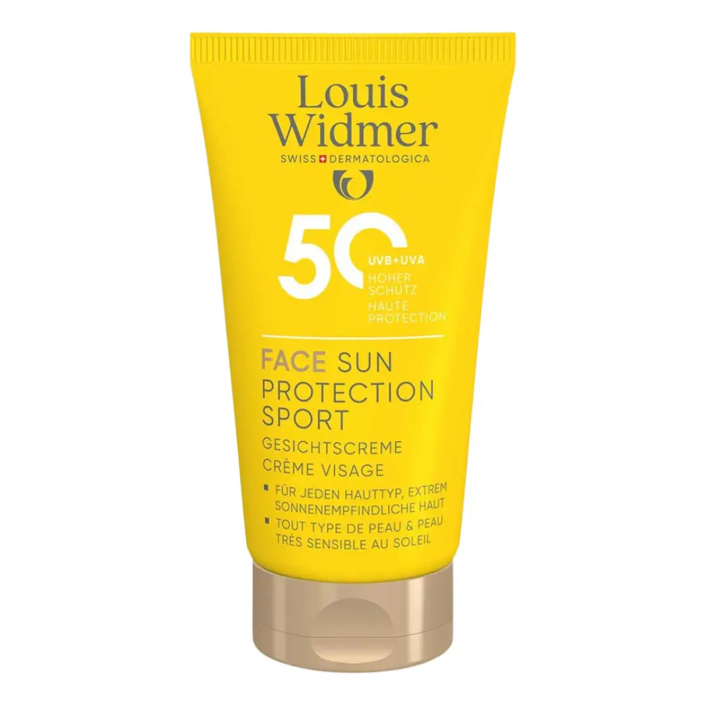 Louis Widmer sunscreen tube with SPF 50 on a white background