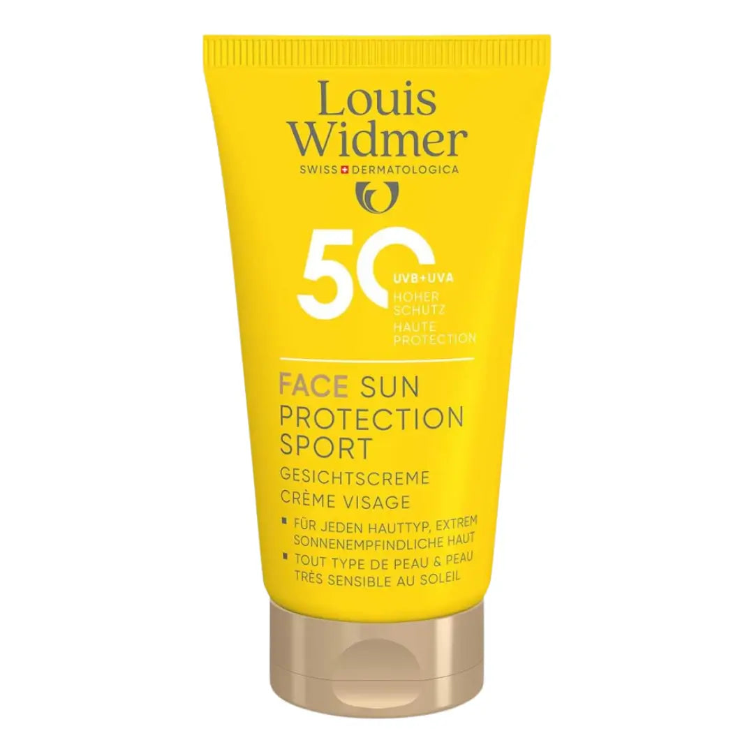 Louis Widmer sunscreen tube with SPF 50 on a white background