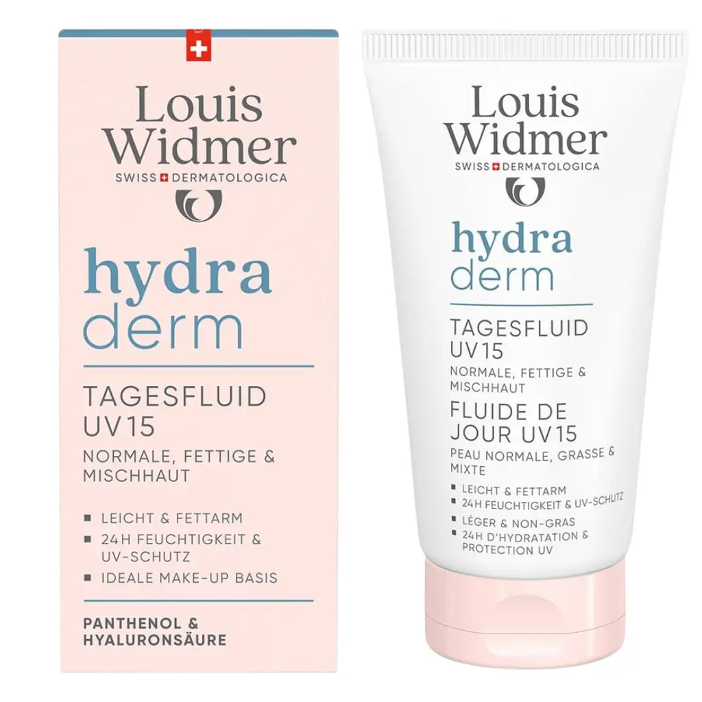 Louis Widmer hydraderm Moisturizing fluid UV15 with hyaluronic acids - packaging and tube on a white background