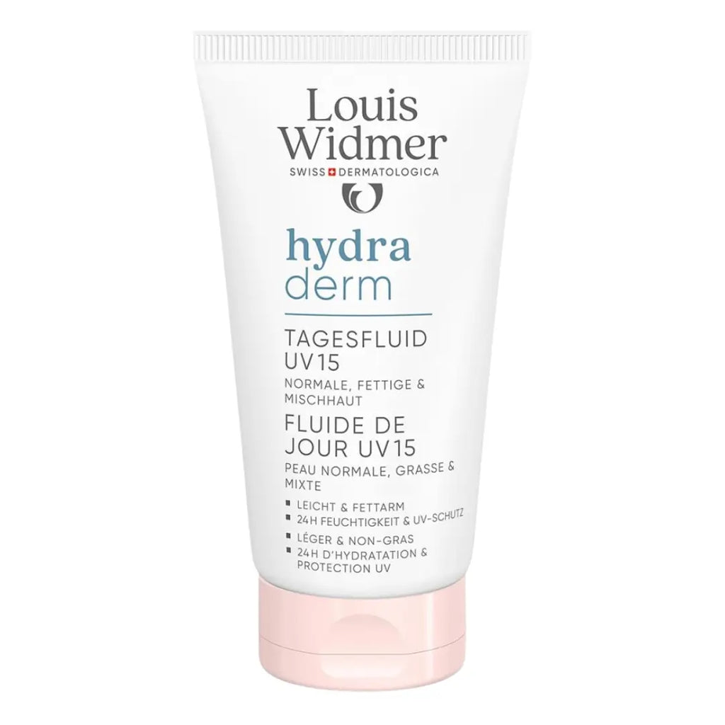 Louis Widmer Hydra Derm Day Fluid UV15 cream tube on a white background