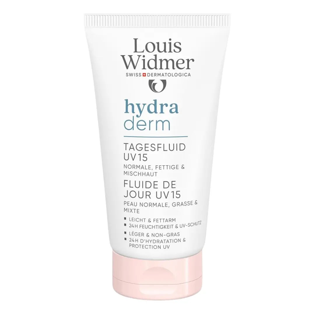 Louis Widmer Hydra Derm Day Fluid UV15 cream tube on a white background