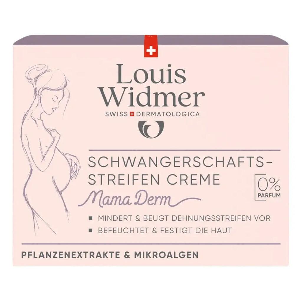 Louis Widmer pregnancy stretchmarks cream packaging with a pink background and text.
