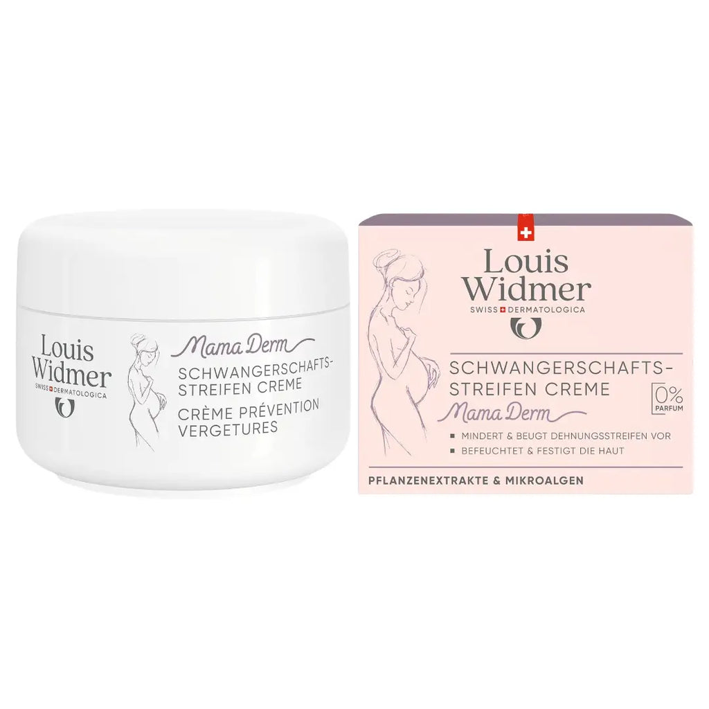 Louis Widmer Mama Derm pregnancy stretch mark cream jar and packaging on a white background