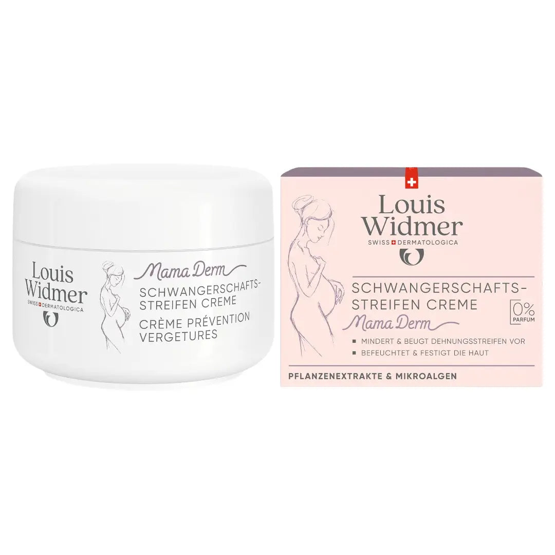 Louis Widmer Mama Derm pregnancy stretch mark cream jar and packaging on a white background