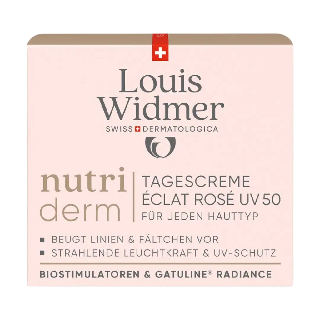 Louis Widmer nutriderm Tagescreme Éclat Rosé UV 50 packaging on a white background