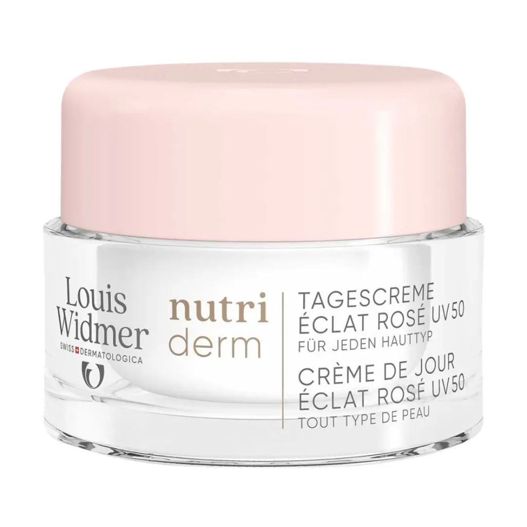 Louis Widmer Nutriderm cream jar with pink lid on a white background