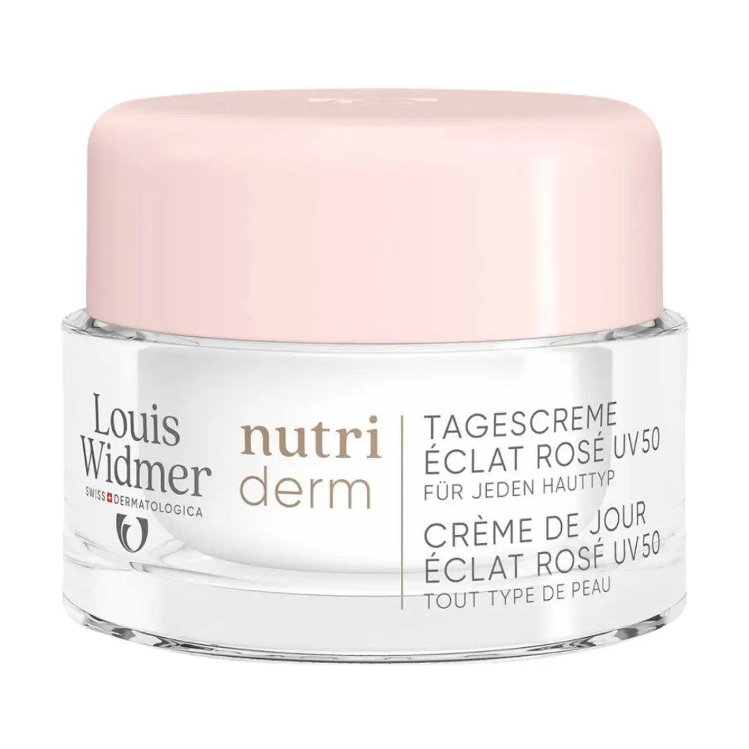 Louis Widmer Nutriderm cream jar with pink lid on a white background