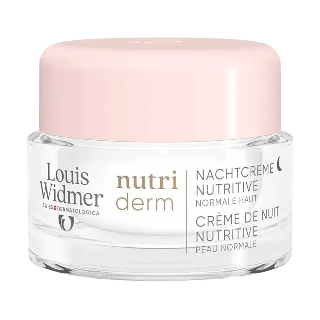 Louis Widmer Nutri Derm night cream jar with pink lid on a white background