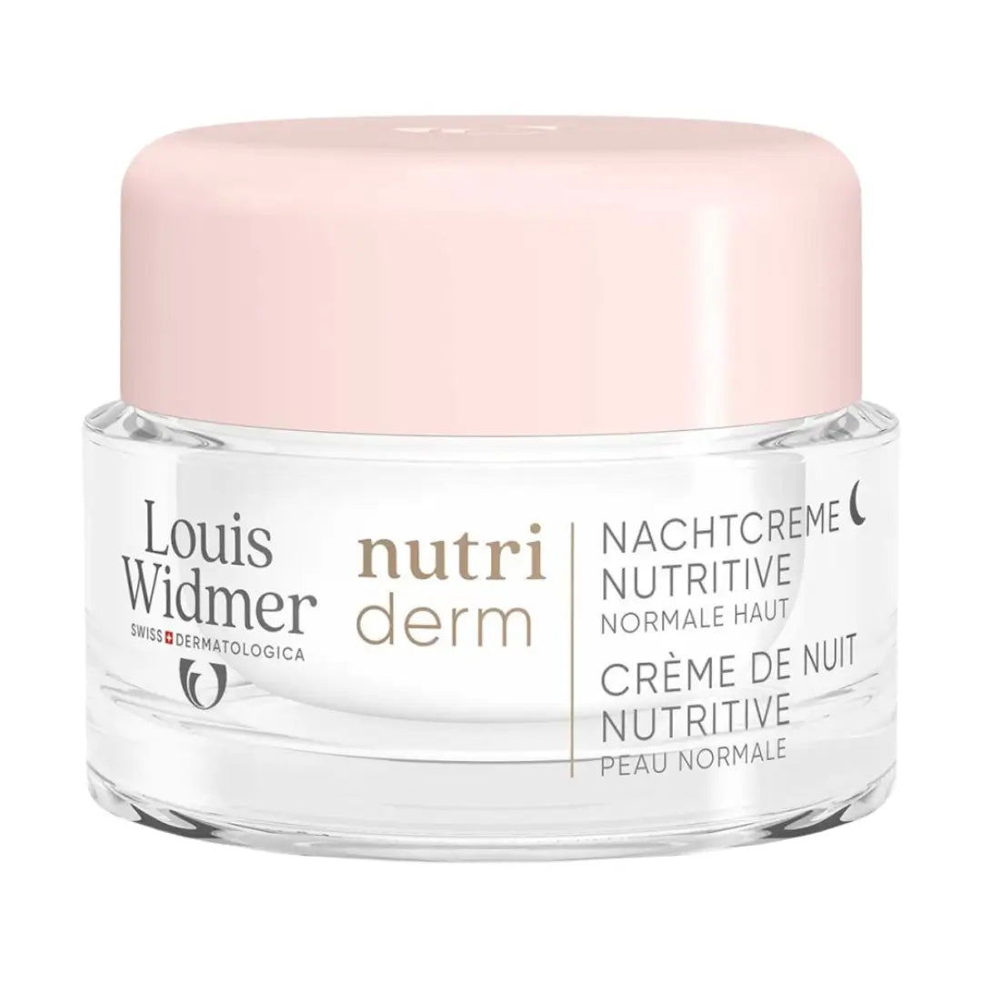 Louis Widmer Nutri Derm night cream jar with pink lid on a white background