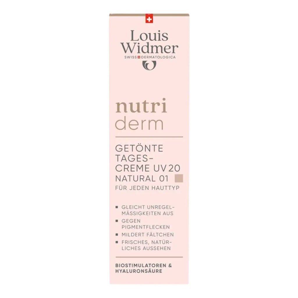 Louis Widmer nutriderm tinted day cream scented packaging on a white background