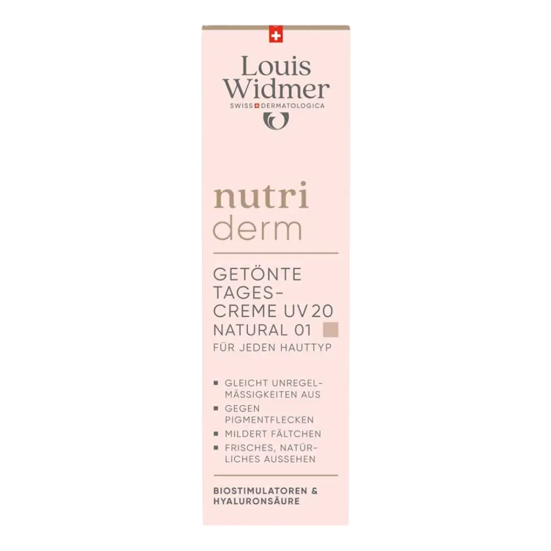 Louis Widmer nutriderm tinted day cream scented packaging on a white background