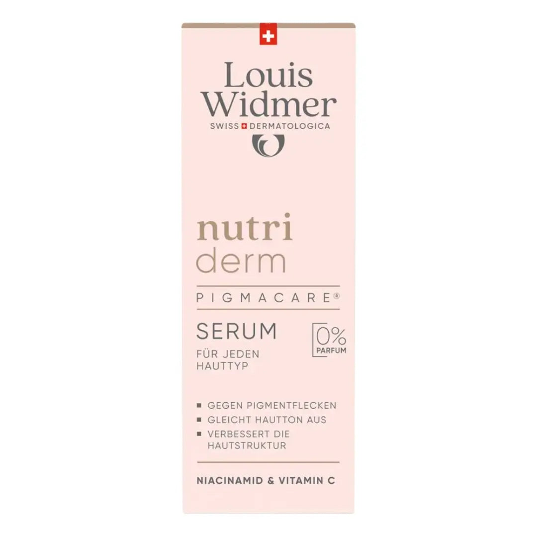 Louis Widmer nutri derm Pigmacare serum packaging on a white background