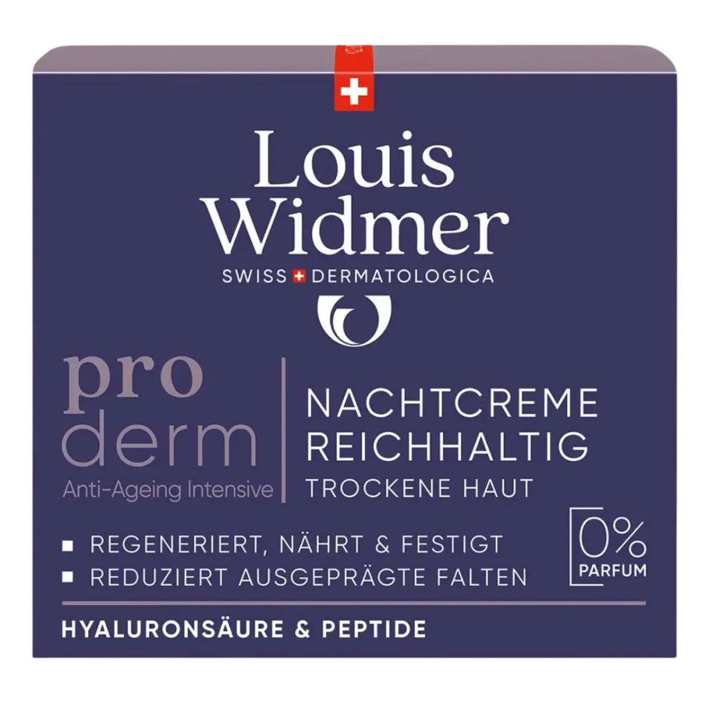 Louis Widmer skincare product packaging with text on a blue background
