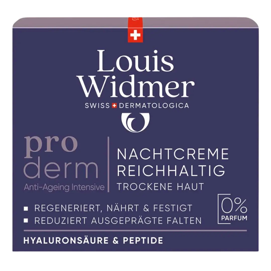 Louis Widmer skincare product packaging with text on a blue background