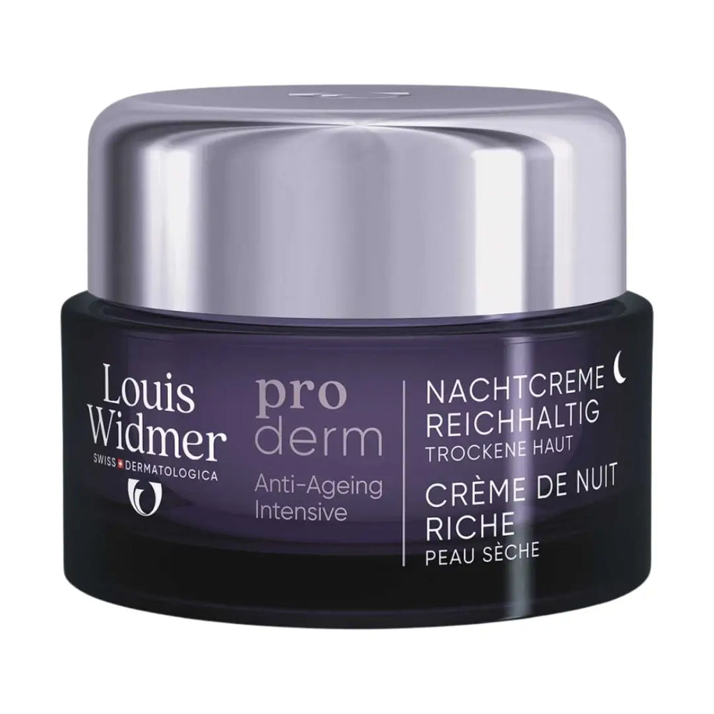 Louis Widmer proderm night cream jar on a white background