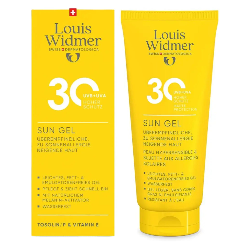 Louis Widmer sun gel packaging with SPF 30 on a white background