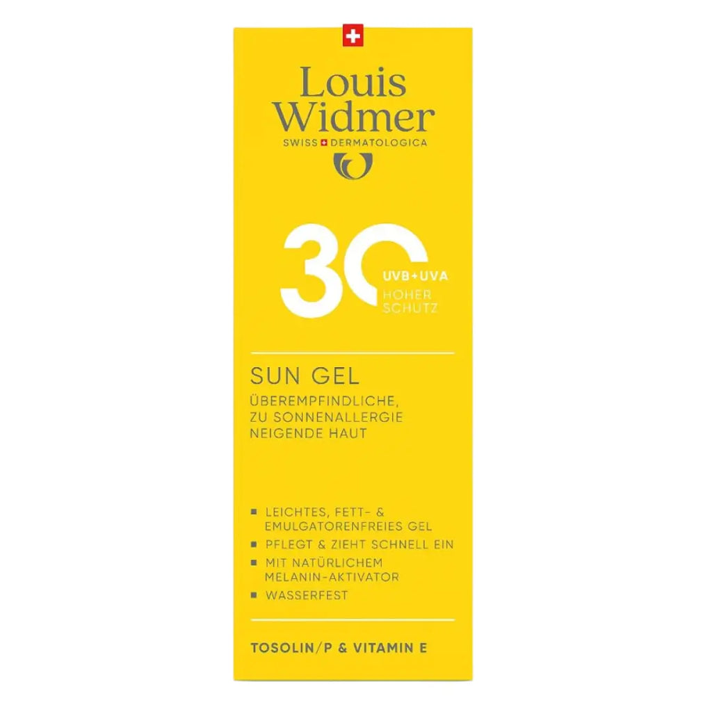 Louis Widmer sun gel packaging with SPF 30 on a white background