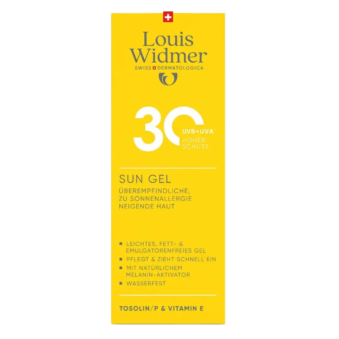 Louis Widmer sun gel packaging with SPF 30 on a white background