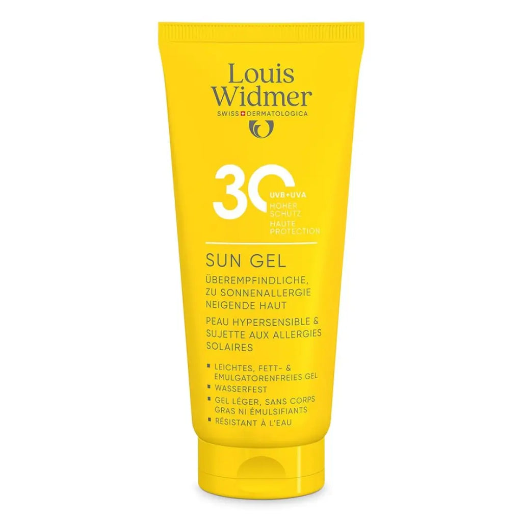 Yellow tube of Louis Widmer Sun Gel SPF 30 on a white background