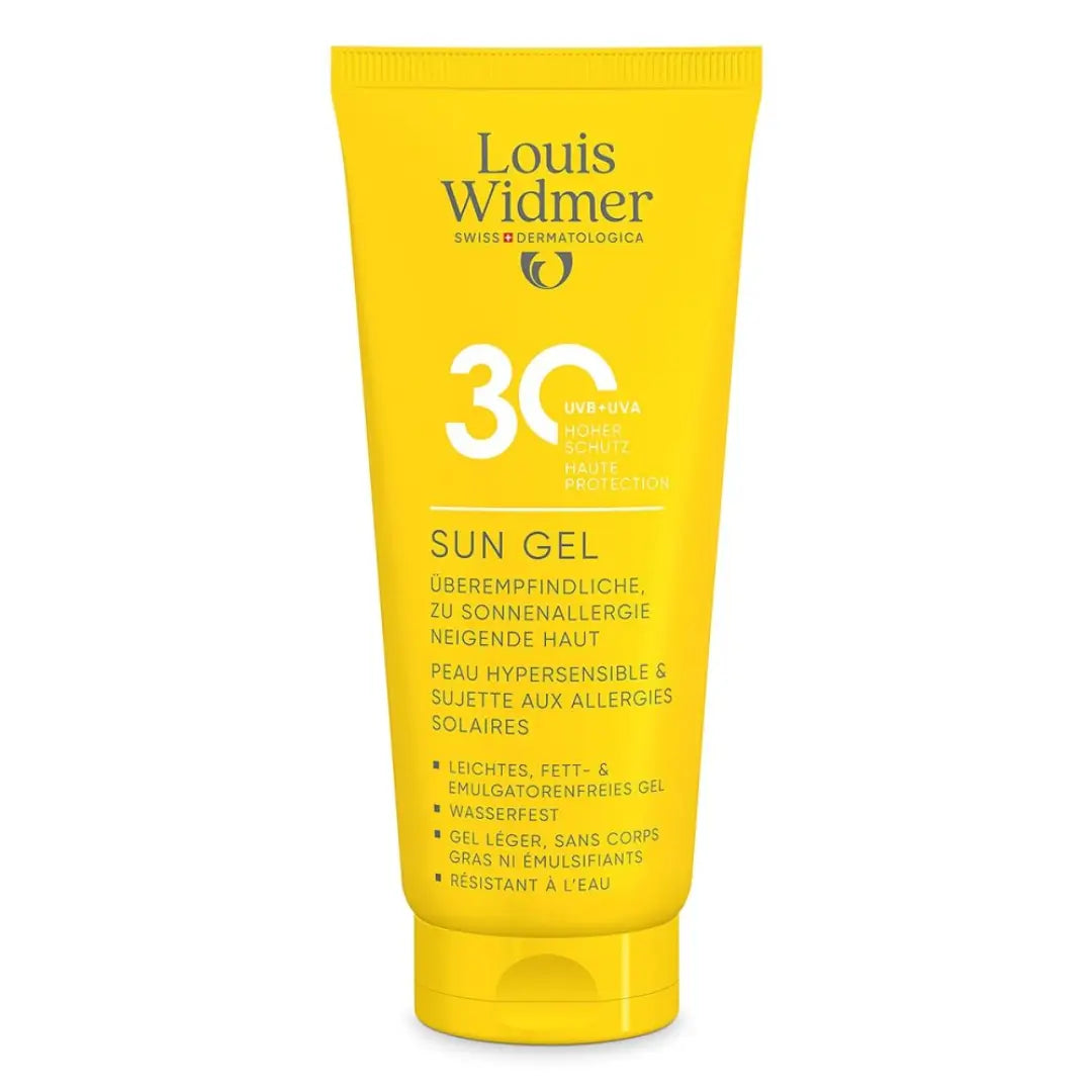 Yellow tube of Louis Widmer Sun Gel SPF 30 on a white background