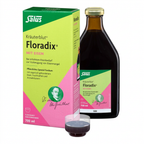 Salus Kräuterblut Floradix with Eisen liquid supplement shown with its green and pink retail box, an amber glass bottle with a gold cap, and a small clear container holding the dark liquid, on a white background.