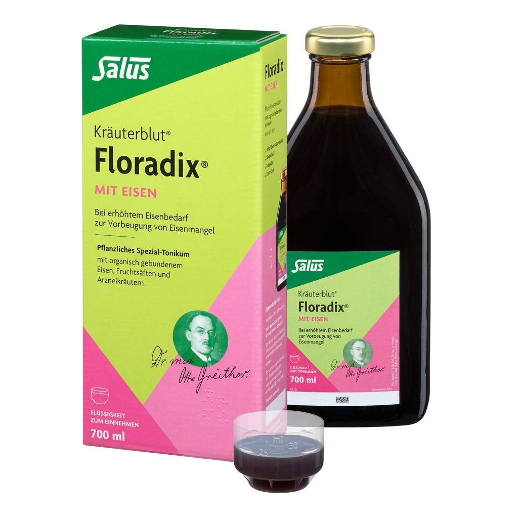Salus Kräuterblut Floradix with Eisen liquid supplement shown with its green and pink retail box, an amber glass bottle with a gold cap, and a small clear container holding the dark liquid, on a white background.