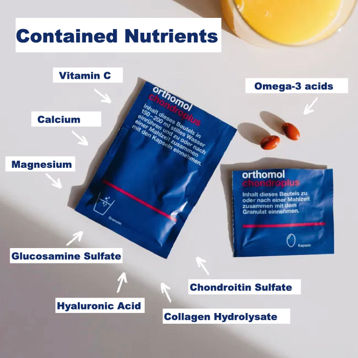 Overview of the nutrients contained on Chondroplus. The product contains, amongst others, hyaluronic acid and collagen hydrolysate