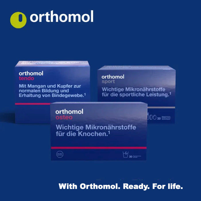 Photo of the whole Orthomol supplement range for joints, cartilage, bones, and muscles