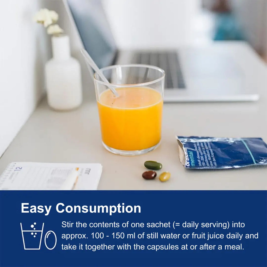 Orthomol mental is easy to consume thanks to the packaging in sachets with granules and capsules