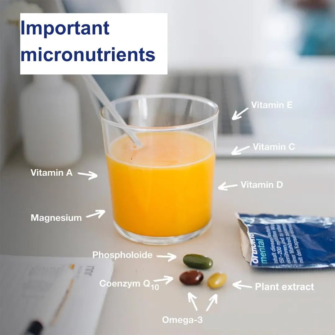 Overview of the array of micronutrients: Vitamin A, E, C, D, magnesium, coenzym Q10, Pant extract, omega-3, phospholoide