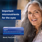 Photo of a woman who looks healthy and happy. Next to her is the package of Orthomol Vision. The headline is "important micronutrients for the eyes"
