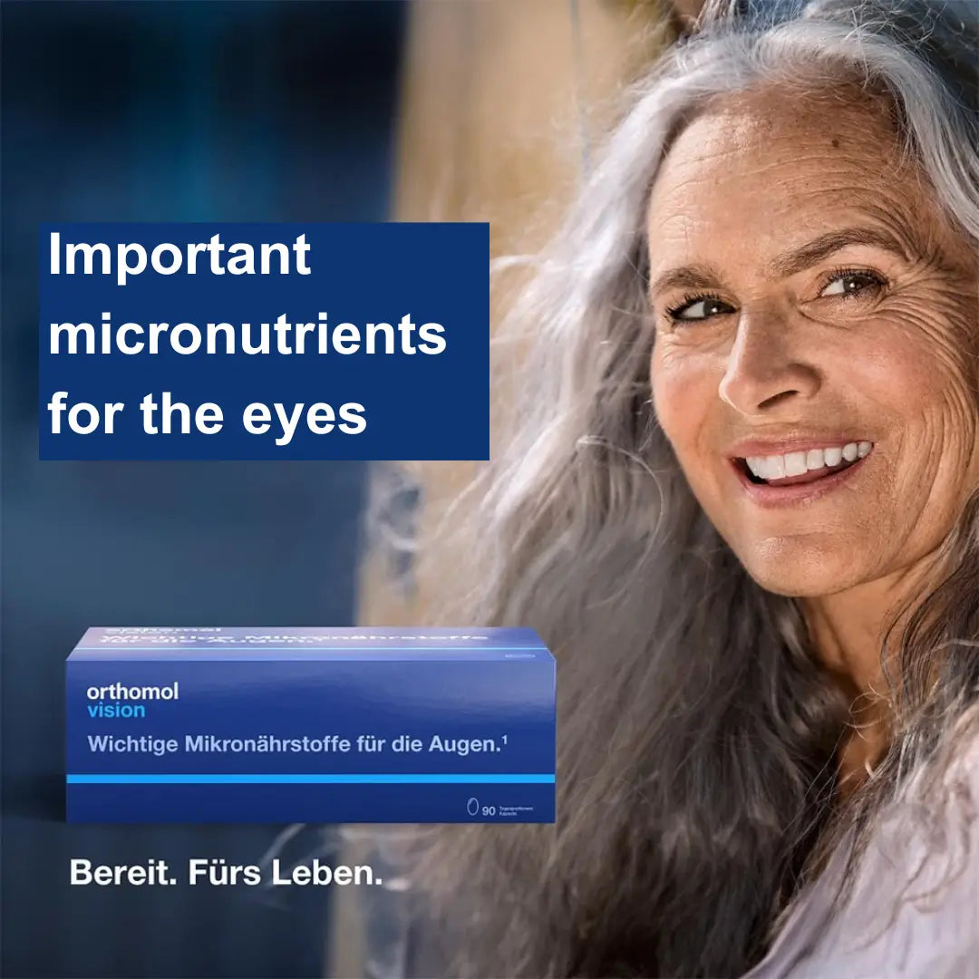 Photo of a woman who looks healthy and happy. Next to her is the package of Orthomol Vision. The headline is "important micronutrients for the eyes"