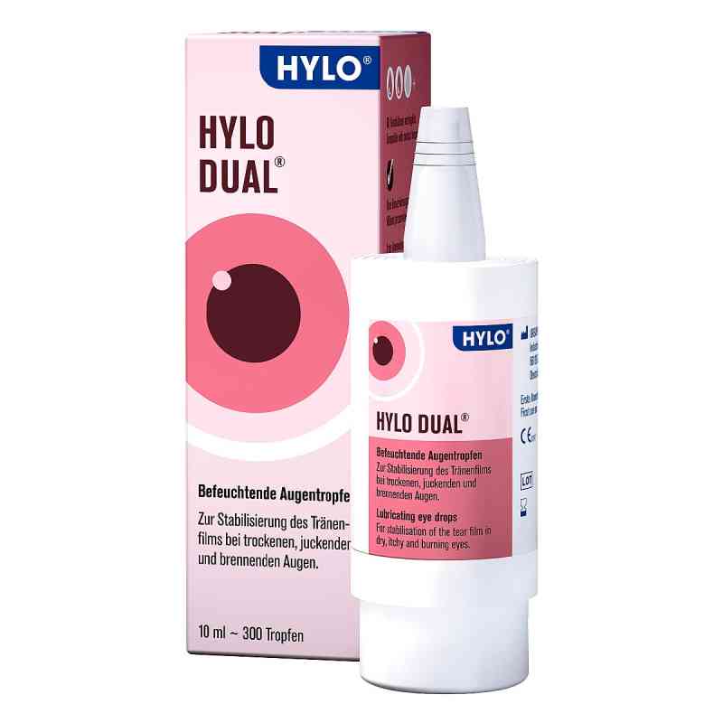 HYLO Dual lubricating eye drops bottle and packaging box on a white background. The box is light pink with a dark pink eye graphic, and the bottle has a white cap and a matching pink label.