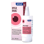 HYLO Dual lubricating eye drops bottle and packaging box on a white background. The box is light pink with a dark pink eye graphic, and the bottle has a white cap and a matching pink label.