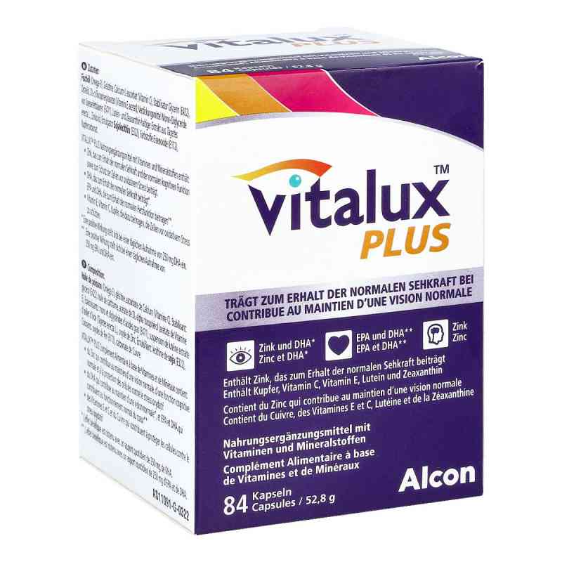 A box of Alcon Vitalux Plus dietary supplement, featuring a white, purple, and orange color scheme with German text and product details.
