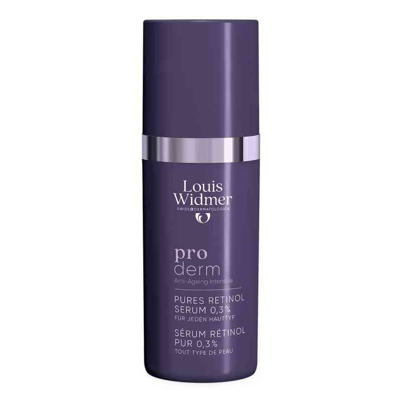 A bottle of Louis Widmer Proderm Pures Retinol Serum 0.3% on a solid white background.
