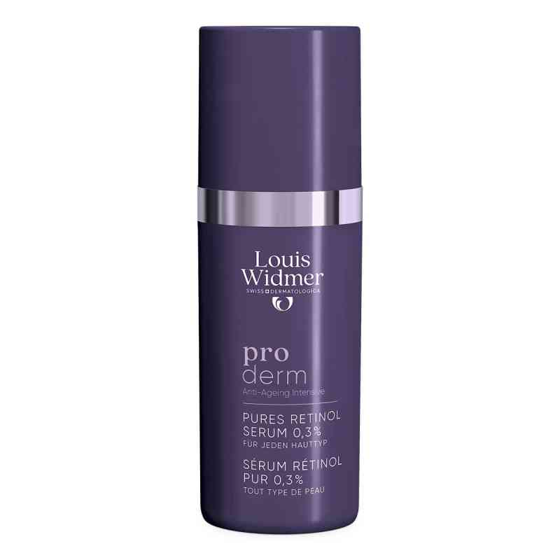 A bottle of Louis Widmer Proderm Pures Retinol Serum 0.3% on a solid white background.