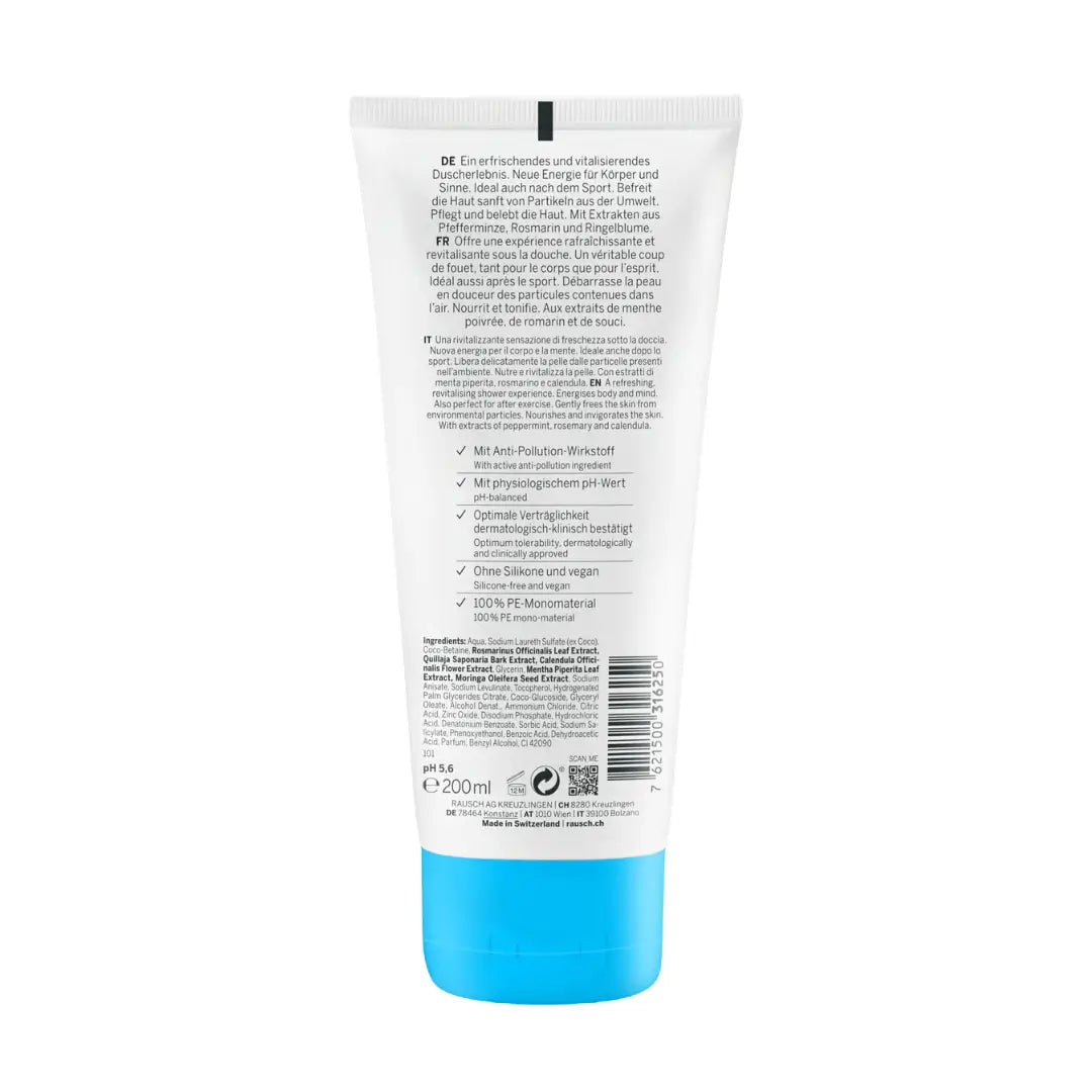 Back of the tube of Rausch mint shower gel with text and blue cap on a white background