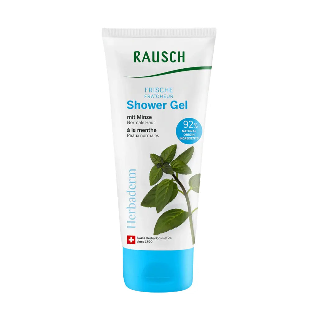 Rausch shower gel tube with mint leaf design on a white background