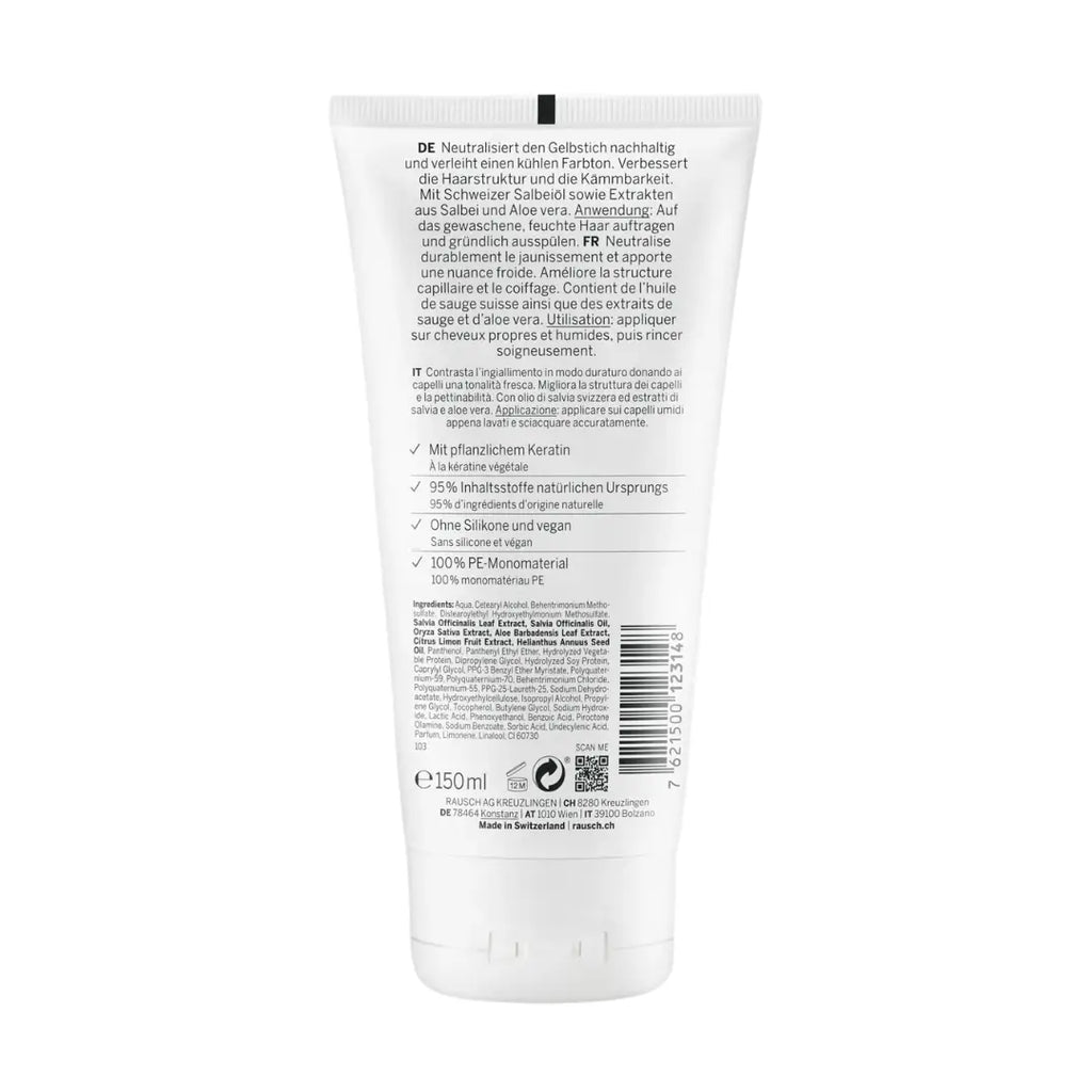 Back view of the Rausch sage conditioner packaging with text on a white background