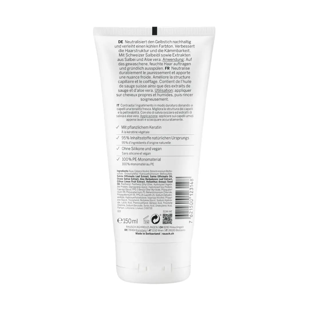 Back view of the Rausch sage conditioner packaging with text on a white background