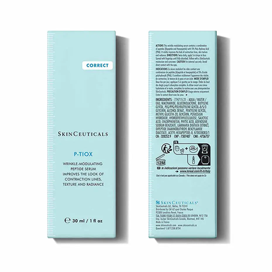 Carton box packaging front and back next to each other, emphasizing that P-Tiox improves the look of contraction lines, texture and radiance